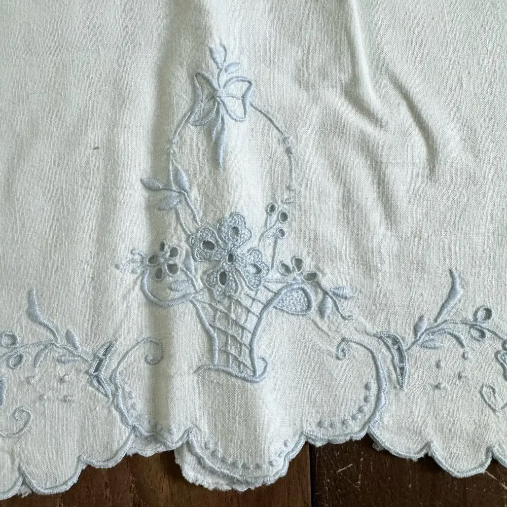 Vintage Blue hand embroidered basket design tea hand towel dainty cottagecore‎
